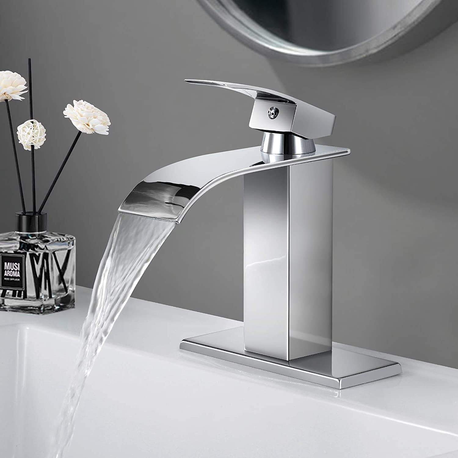 Black Waterfall Spout Bathroom Faucet, Chrome Silver Rv Lavatory Vessel Faucet Suitable for 1 or 3 Holes with 6 Inch Deck Plate supplier