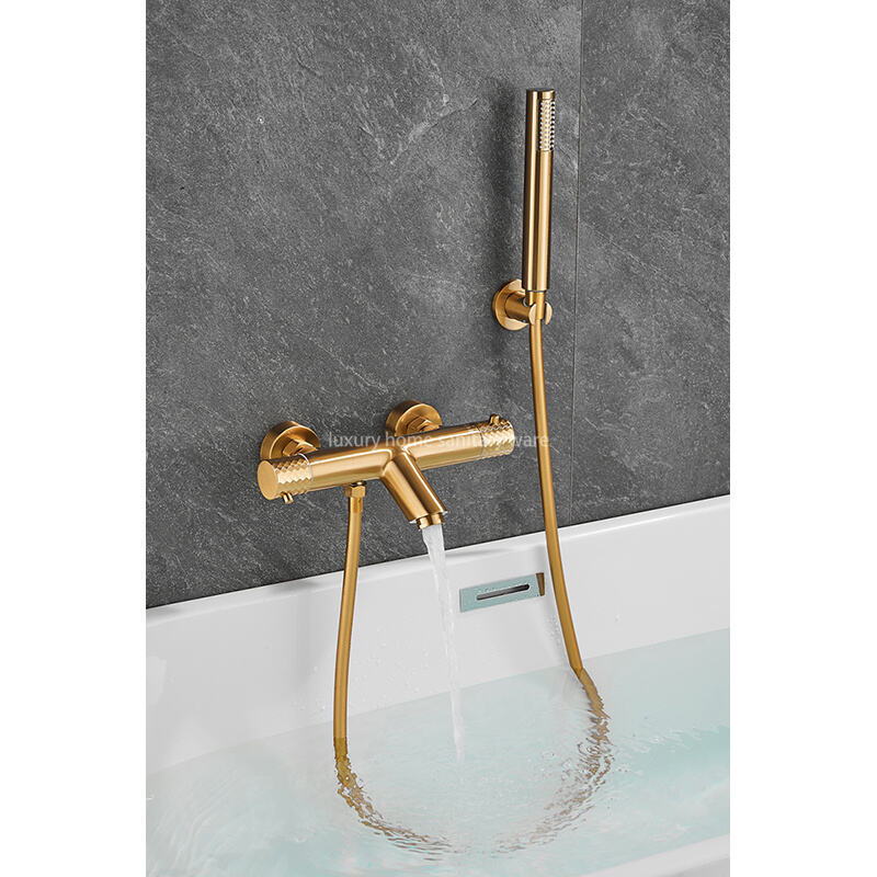 High-quality New Gold Wire Drawing Constant Temperature Shower Hot and Cold Bathtub Spout Faucet Handheld Sprayer manufacture