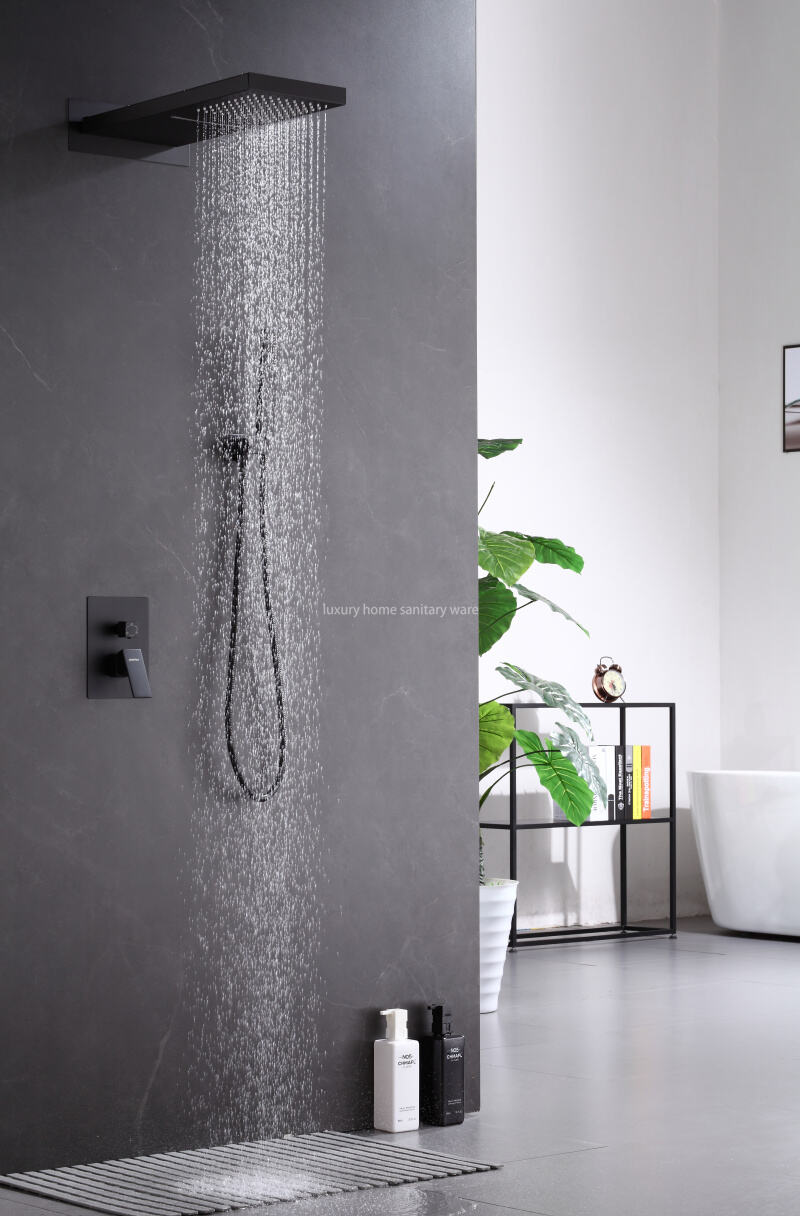 Modern Wall-mounted Constant Temperature Bathroom Shower Faucet Set System Ceiling Rain Shower Black Brass Shower Head details