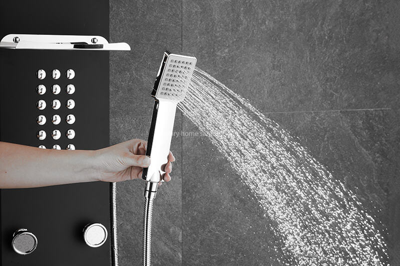 Multi-functional Matte Black Rain Shower Head Panel Tower System Set, Hand-held Sprayer Shower Stand with Massage Nozzle details