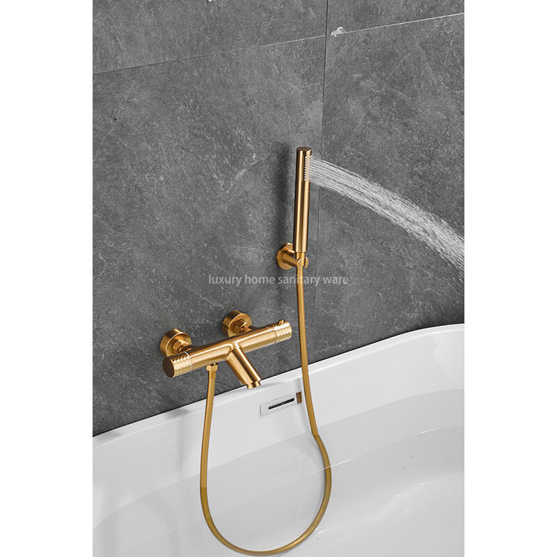 High-quality New Gold Wire Drawing Constant Temperature Shower Hot and Cold Bathtub Spout Faucet Handheld Sprayer details