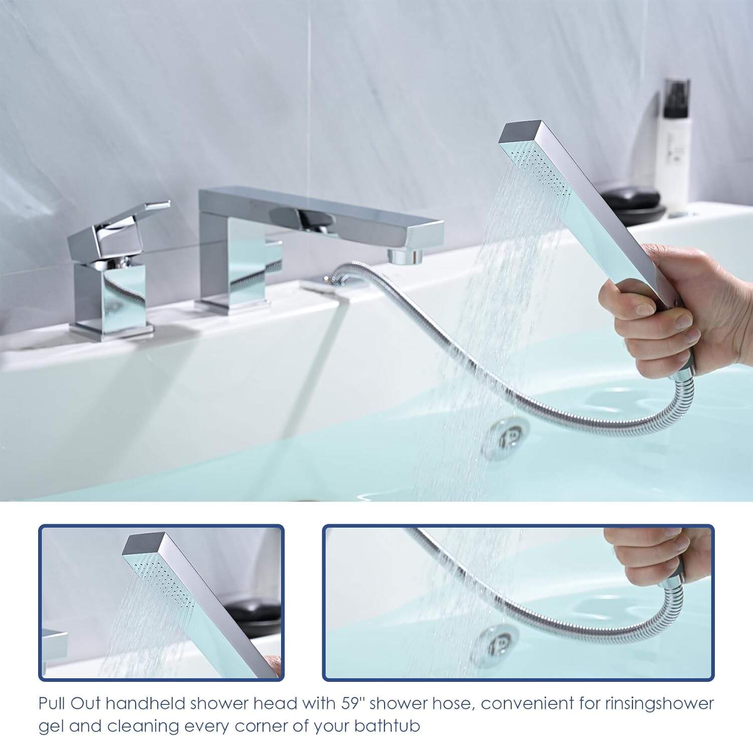 Chrome Widespread Bathtub Faucet Brass Roman Tub Filler Mixer with Rotated Spout Pull Out Handheld Shower Head Set Waterfall Tap manufacture