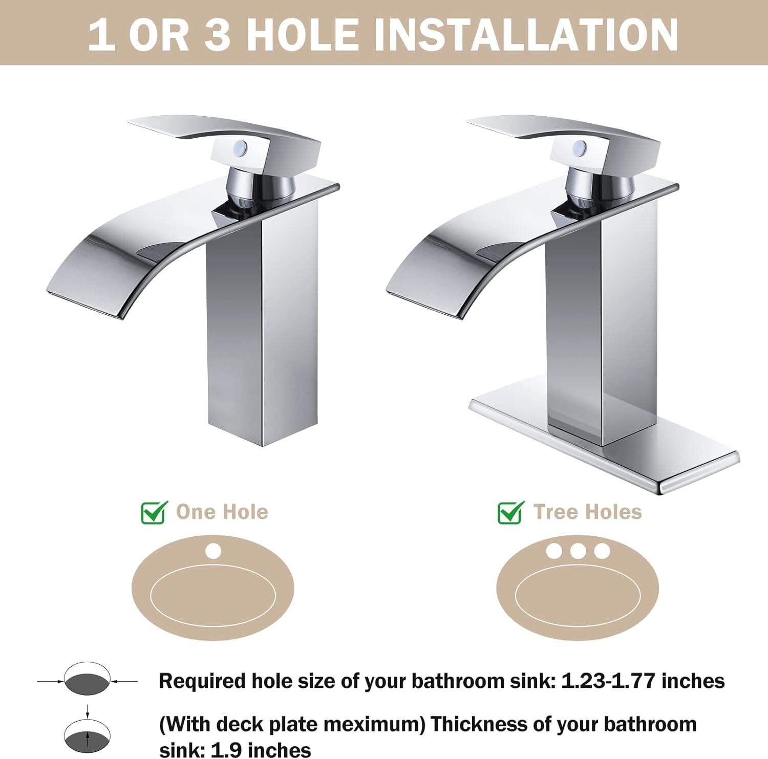 Black Waterfall Spout Bathroom Faucet, Chrome Silver Rv Lavatory Vessel Faucet Suitable for 1 or 3 Holes with 6 Inch Deck Plate details