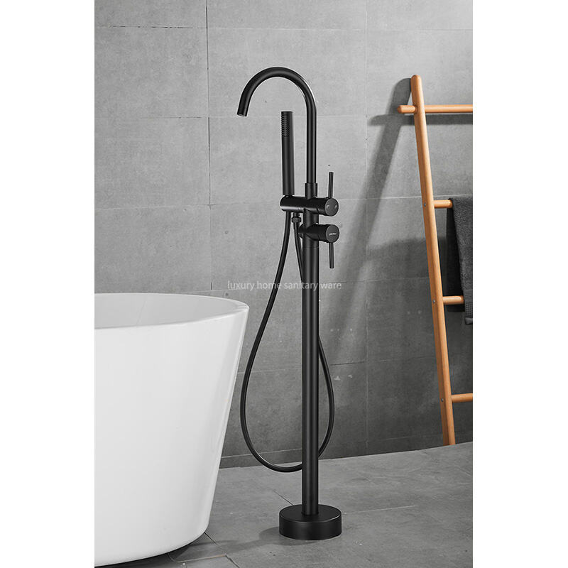 Factory Direct Simple Black Freestanding Bathtub Shower Mixer Floor Stand Bathtub Faucet Set Bathroom Faucet supplier