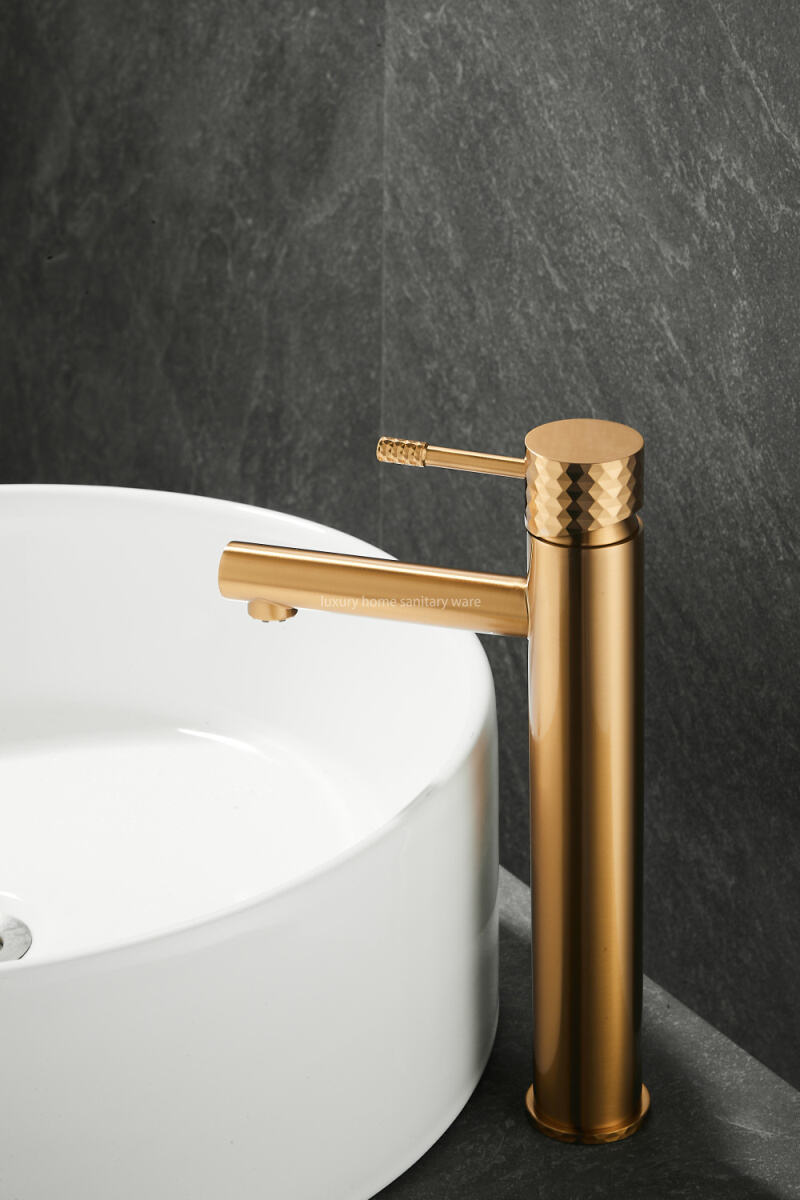 Hot-selling Basin with High Straight Mouth-carved Handle-brushed Gold Bathroom Faucet Hot and Cold Mixer details