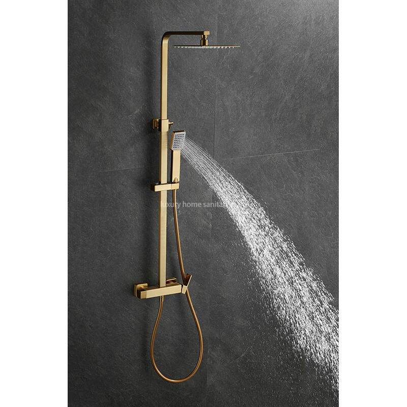 Luxurious Brushed Gold Hot and Cold Shower Set Wall-mounted Full Shower Set Multifunctional Brass square Shower Set details
