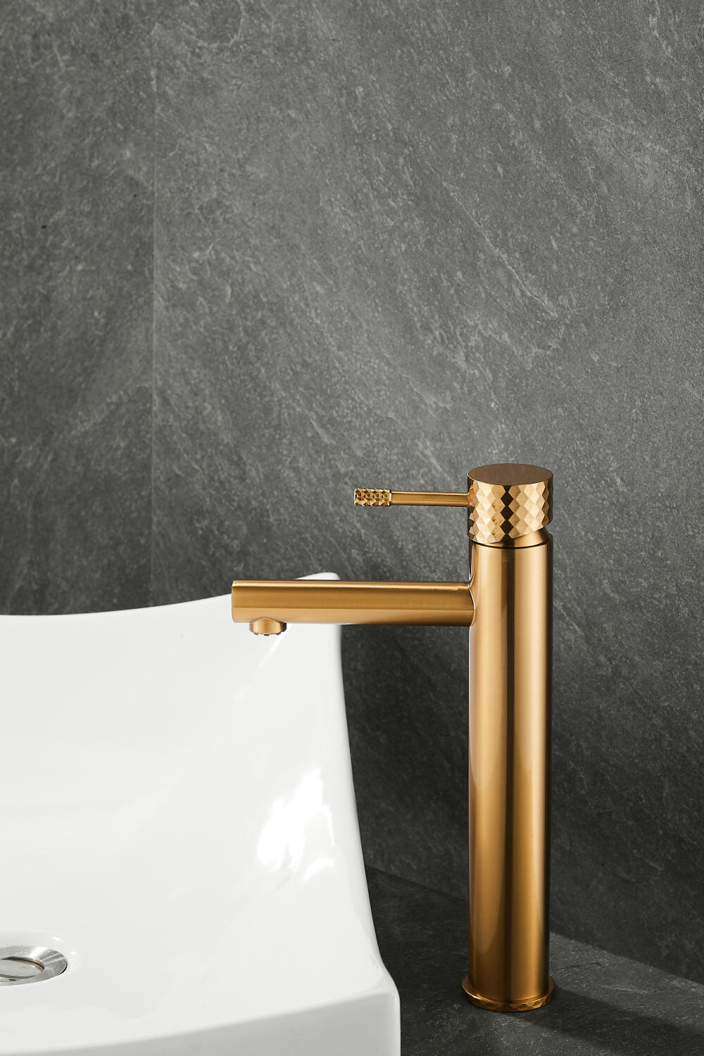 Hot-selling Basin with High Straight Mouth-carved Handle-brushed Gold Bathroom Faucet Hot and Cold Mixer details
