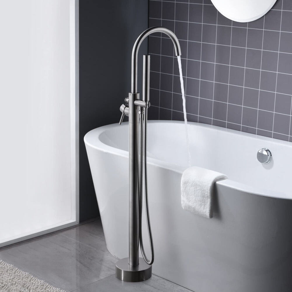 Freestanding Tub Filler Waterfall Bathtub Faucet Chrome Floor Mount Brass Single Handle with Soft Hand Shower Bath Standing Tap manufacture
