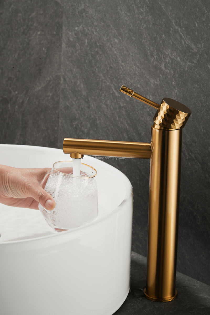 Hot-selling Basin with High Straight Mouth-carved Handle-brushed Gold Bathroom Faucet Hot and Cold Mixer supplier