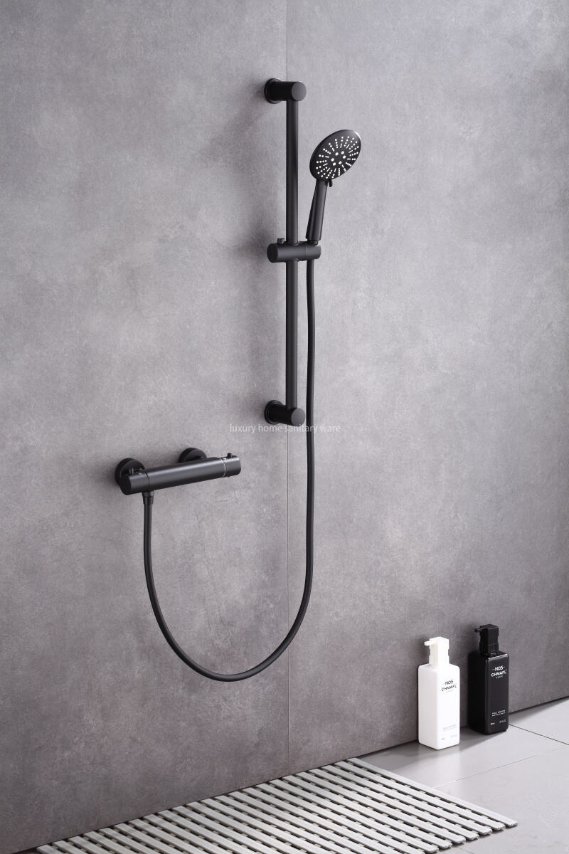 Round Overhead Rain Hand-held Riser Shower Set Black Constant Temperature Shower Mixer Set Shower System factory