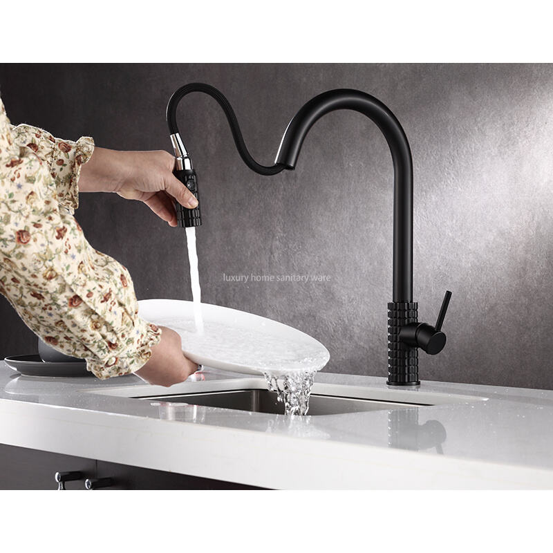 Factory Straight Hair High Quality Modern Single Handle Matte Black Kitchen Sink Faucet Simple Drop-down Sprayer. details