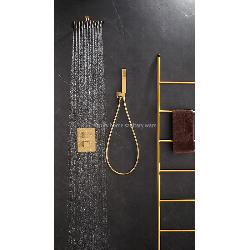 High Quality Brass Waterfall Thermostatic Shower Set Hotel Bathroom Concealed Brushed Gold Shower Faucet with Hand Shower manufacture