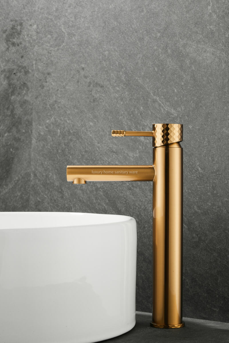 Hot-selling Basin with High Straight Mouth-carved Handle-brushed Gold Bathroom Faucet Hot and Cold Mixer supplier
