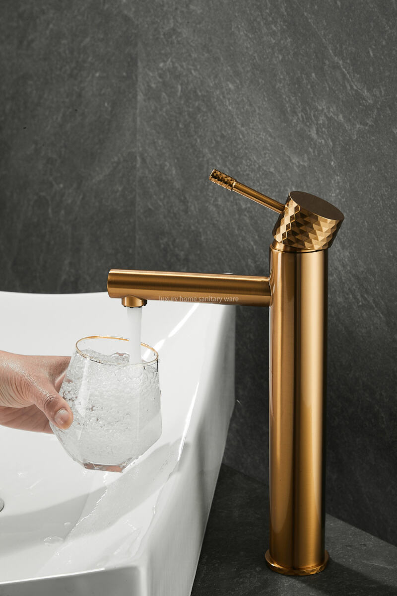Hot-selling Basin with High Straight Mouth-carved Handle-brushed Gold Bathroom Faucet Hot and Cold Mixer manufacture