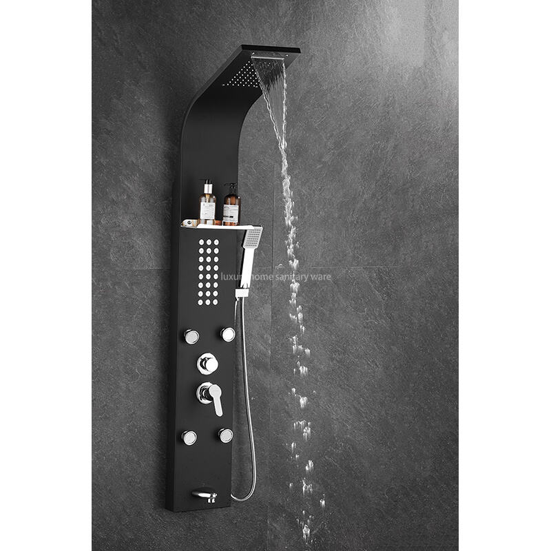 Multi-functional Matte Black Rain Shower Head Panel Tower System Set, Hand-held Sprayer Shower Stand with Massage Nozzle details