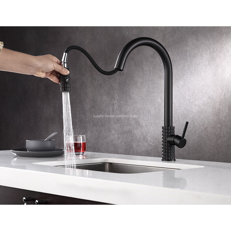 Factory Straight Hair High Quality Modern Single Handle Matte Black Kitchen Sink Faucet Simple Drop-down Sprayer. factory