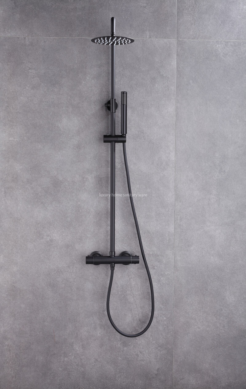 Round Overhead Rain Hand-held Riser Shower Set Black Constant Temperature Shower Mixer Set Shower System manufacture