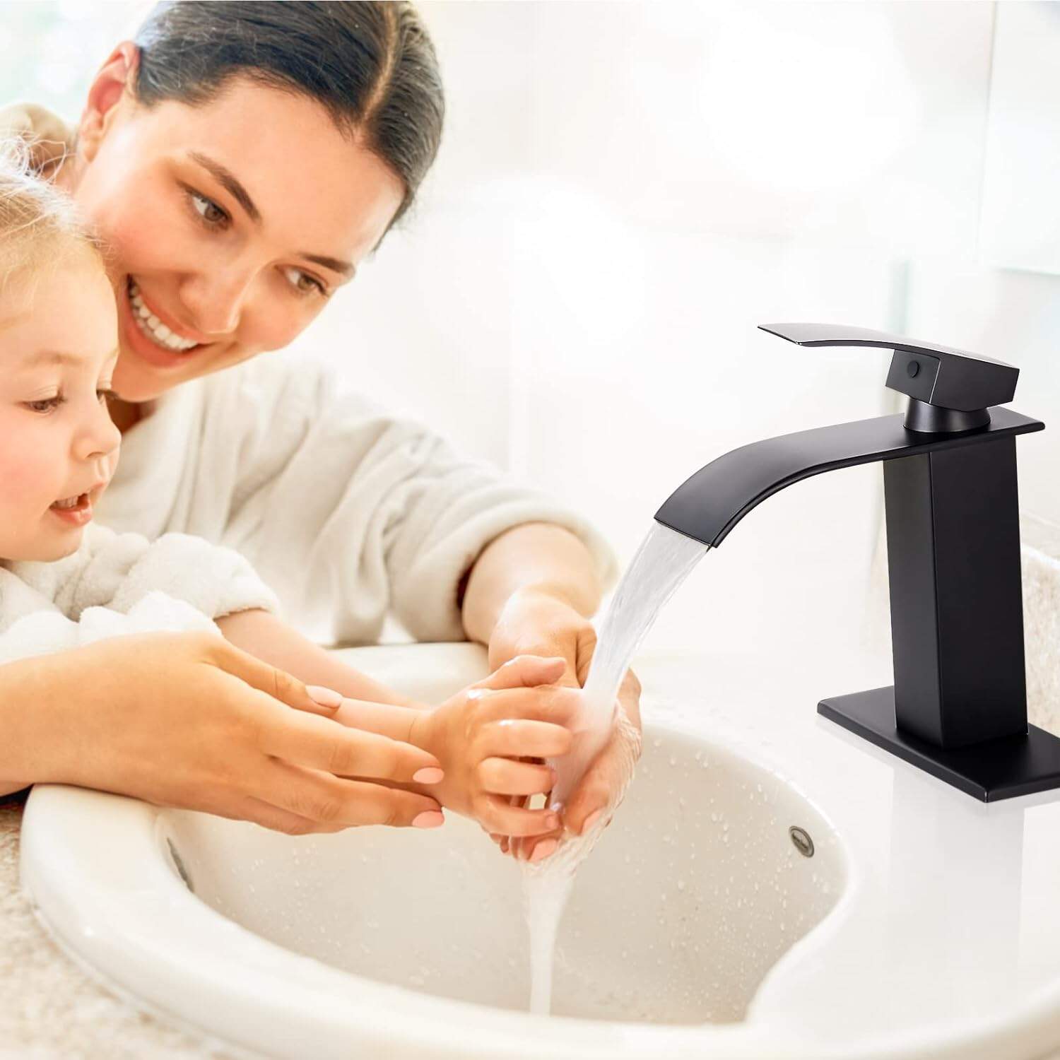 Black Waterfall Spout Bathroom Faucet, Chrome Silver Rv Lavatory Vessel Faucet Suitable for 1 or 3 Holes with 6 Inch Deck Plate details