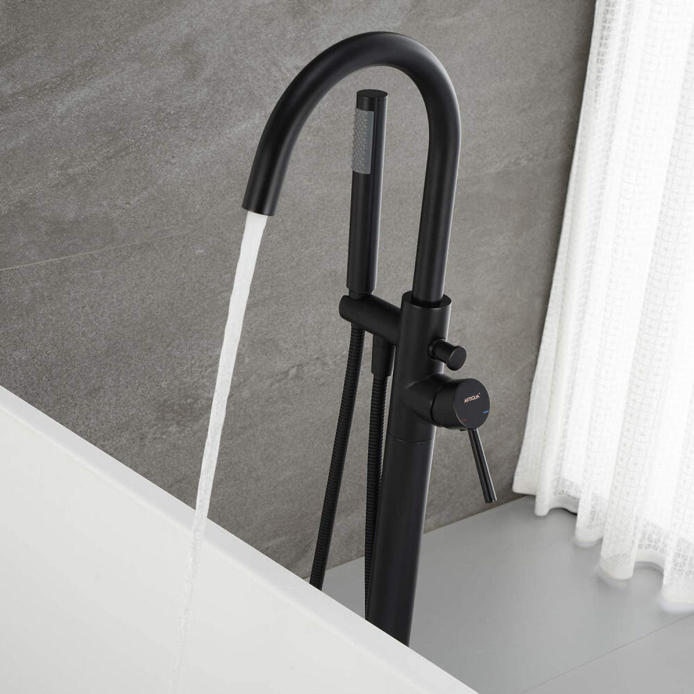 Freestanding Tub Filler Waterfall Bathtub Faucet Chrome Floor Mount Brass Single Handle with Soft Hand Shower Bath Standing Tap factory