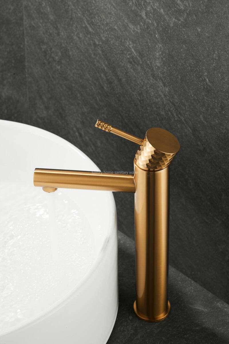 Hot-selling Basin with High Straight Mouth-carved Handle-brushed Gold Bathroom Faucet Hot and Cold Mixer details
