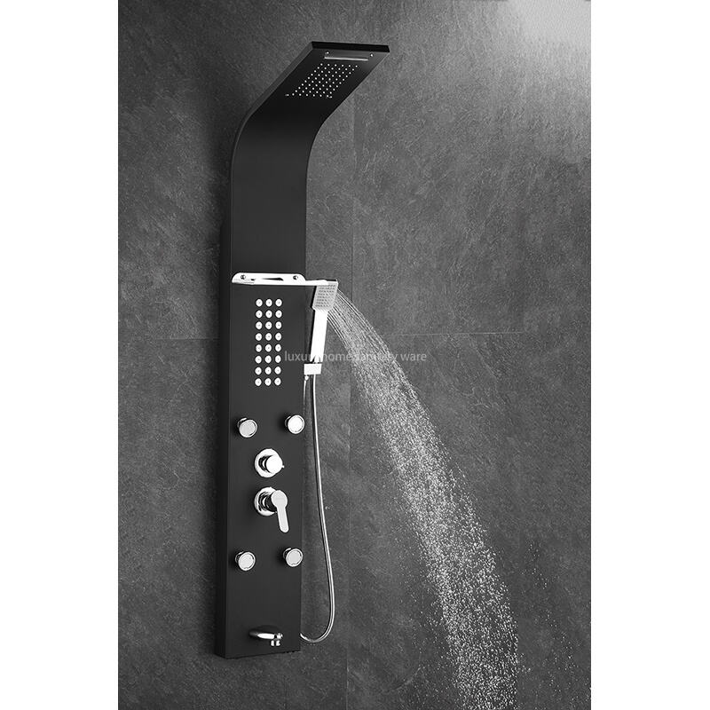 Multi-functional Matte Black Rain Shower Head Panel Tower System Set, Hand-held Sprayer Shower Stand with Massage Nozzle details