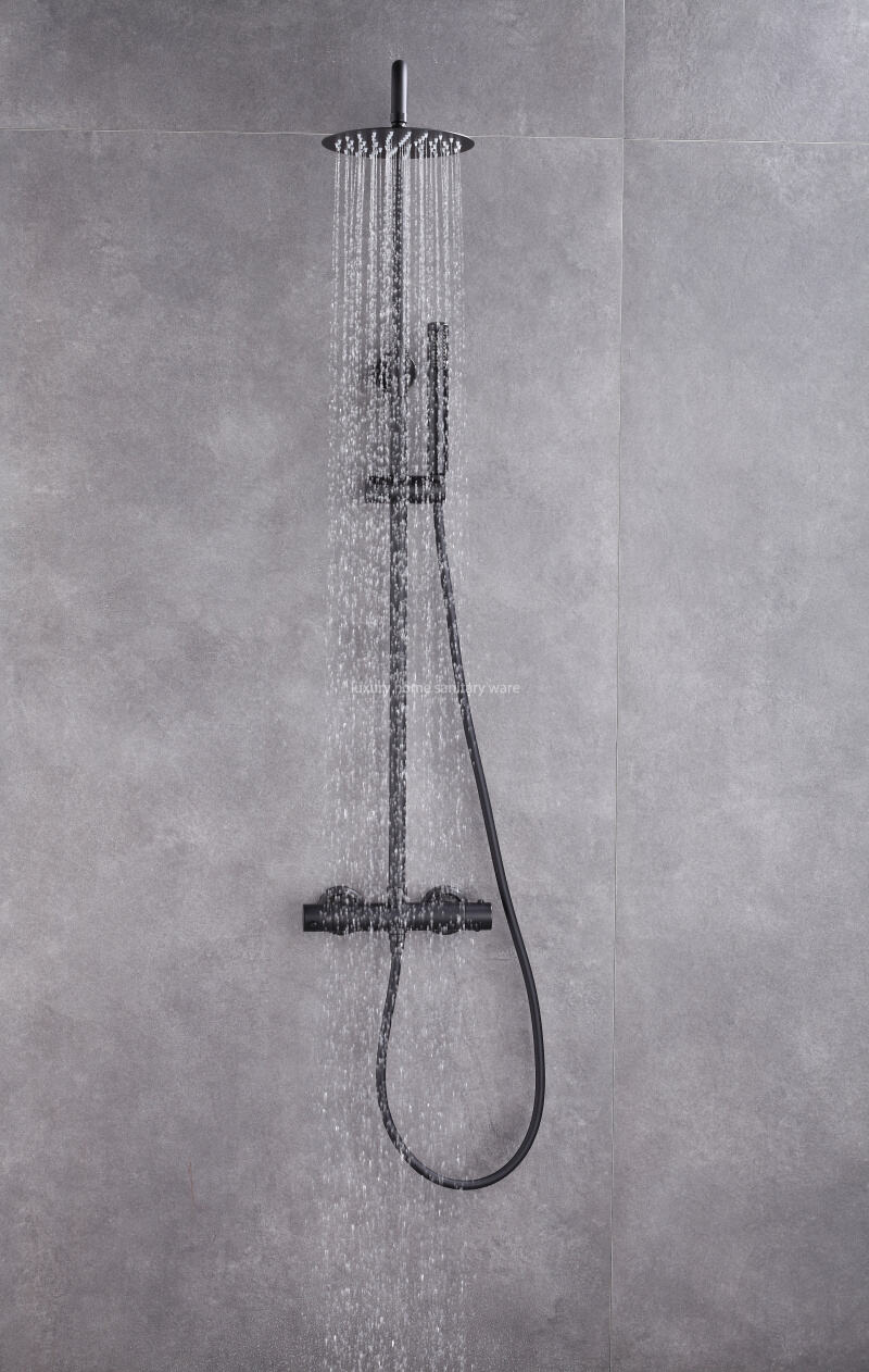 Round Overhead Rain Hand-held Riser Shower Set Black Constant Temperature Shower Mixer Set Shower System factory