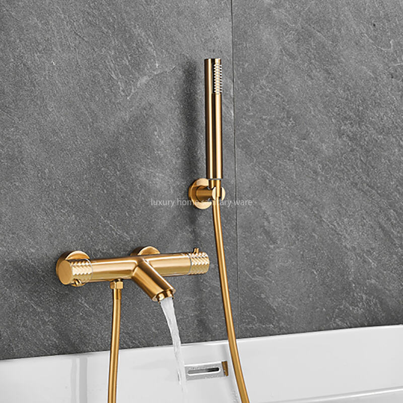High-quality New Gold Wire Drawing Constant Temperature Shower Hot and Cold Bathtub Spout Faucet Handheld Sprayer factory