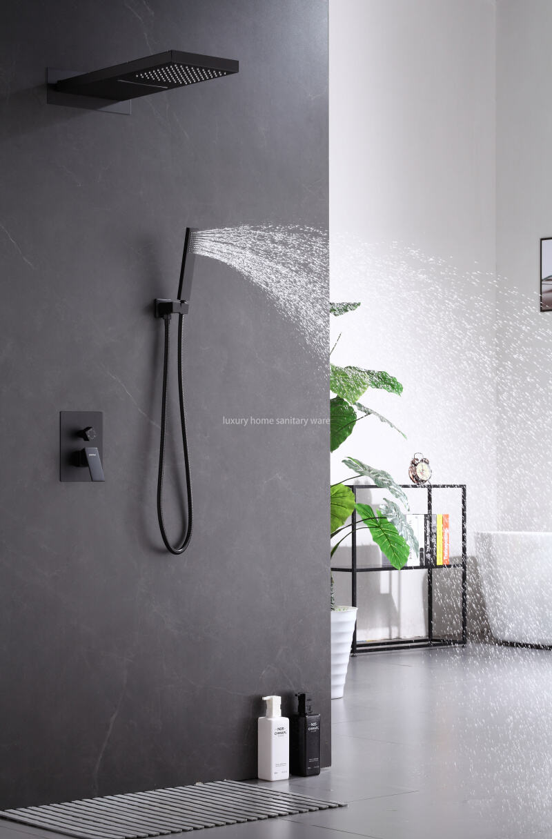 Modern Wall-mounted Constant Temperature Bathroom Shower Faucet Set System Ceiling Rain Shower Black Brass Shower Head supplier