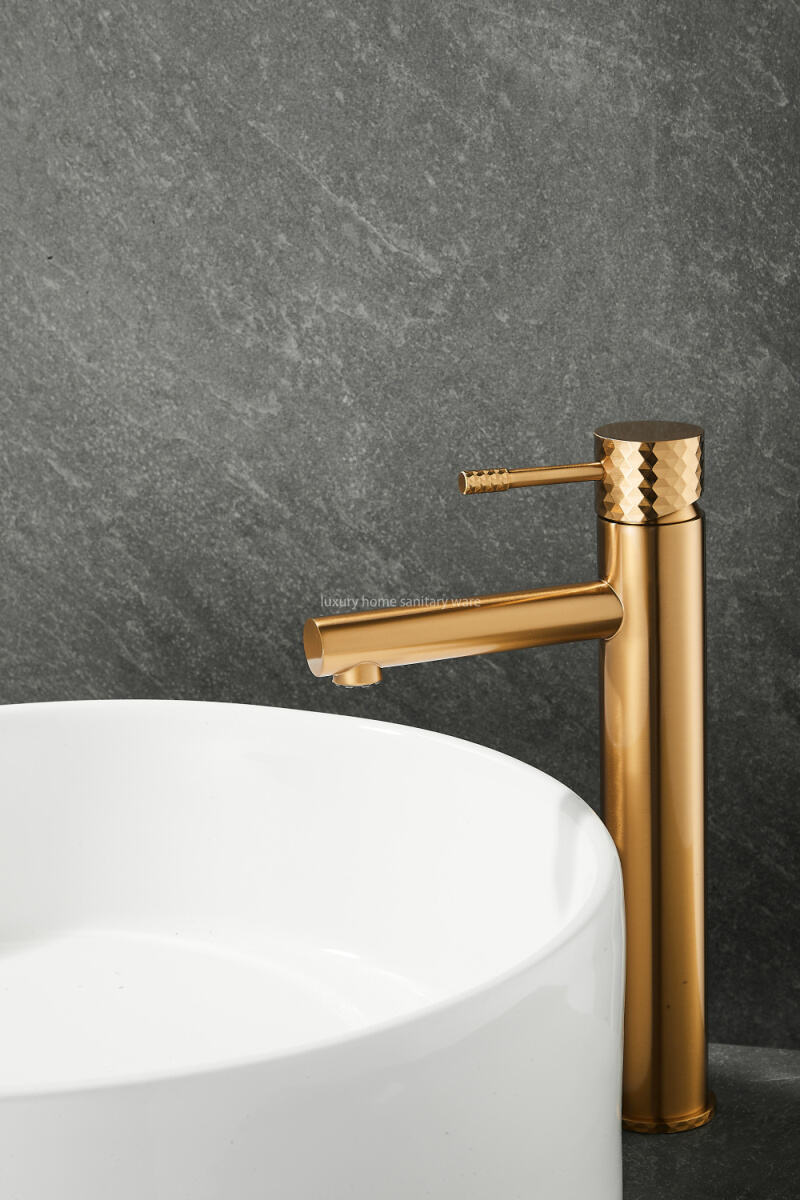 Hot-selling Basin with High Straight Mouth-carved Handle-brushed Gold Bathroom Faucet Hot and Cold Mixer manufacture