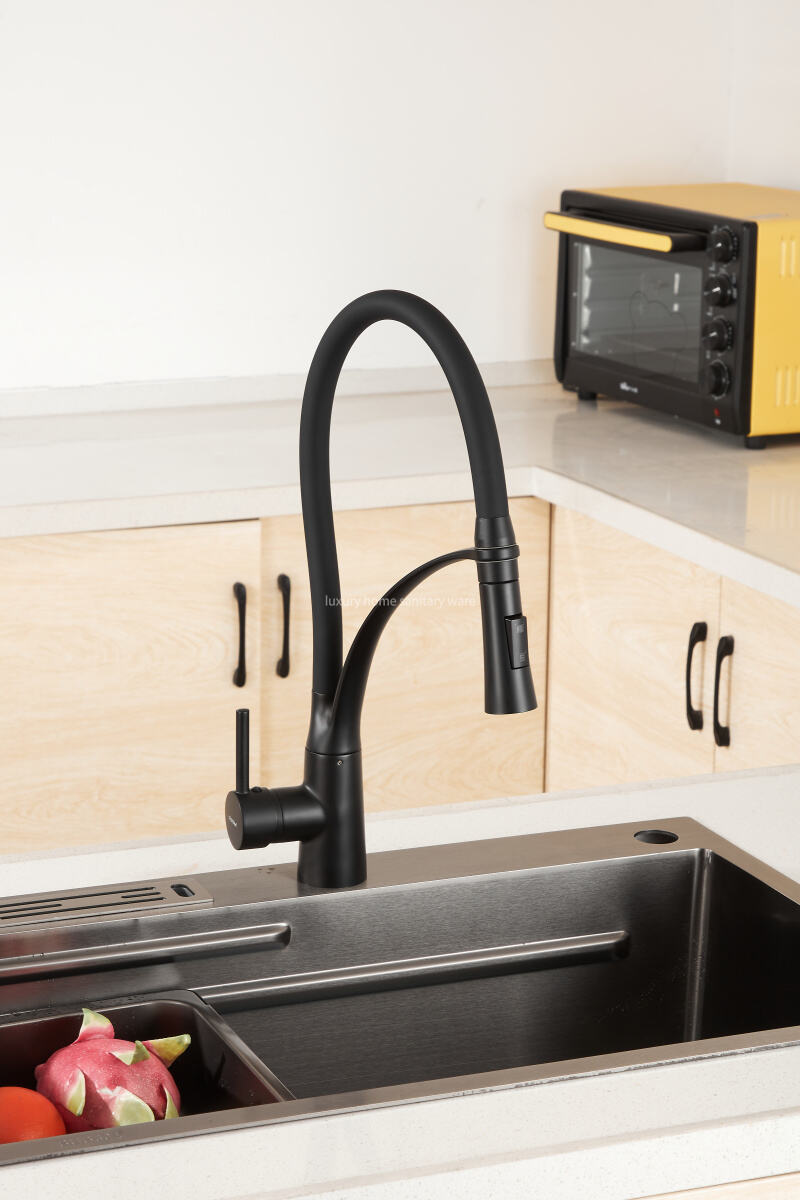 Best-selling Modern Simple Leather Tube Tee-black Kitchen Faucet Pull Mixer Sink Faucet Single Handle Deck Installation Ceramics manufacture