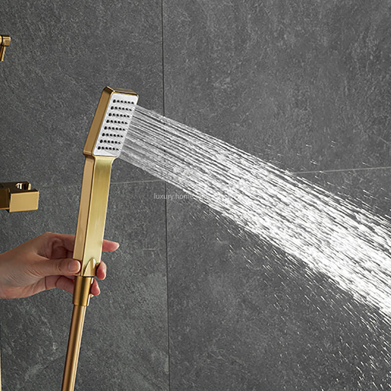 Luxurious Brushed Gold Hot and Cold Shower Set Wall-mounted Full Shower Set Multifunctional Brass square Shower Set manufacture