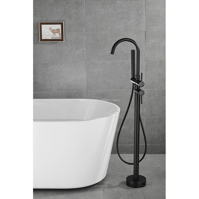 Factory Direct Simple Black Freestanding Bathtub Shower Mixer Floor Stand Bathtub Faucet Set Bathroom Faucet details
