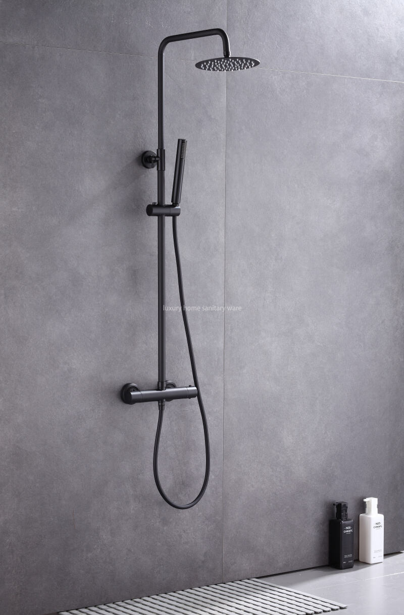 Round Overhead Rain Hand-held Riser Shower Set Black Constant Temperature Shower Mixer Set Shower System factory