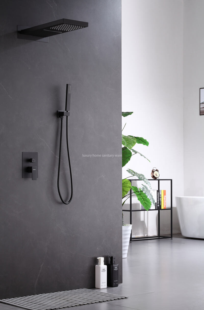 Modern Wall-mounted Constant Temperature Bathroom Shower Faucet Set System Ceiling Rain Shower Black Brass Shower Head details
