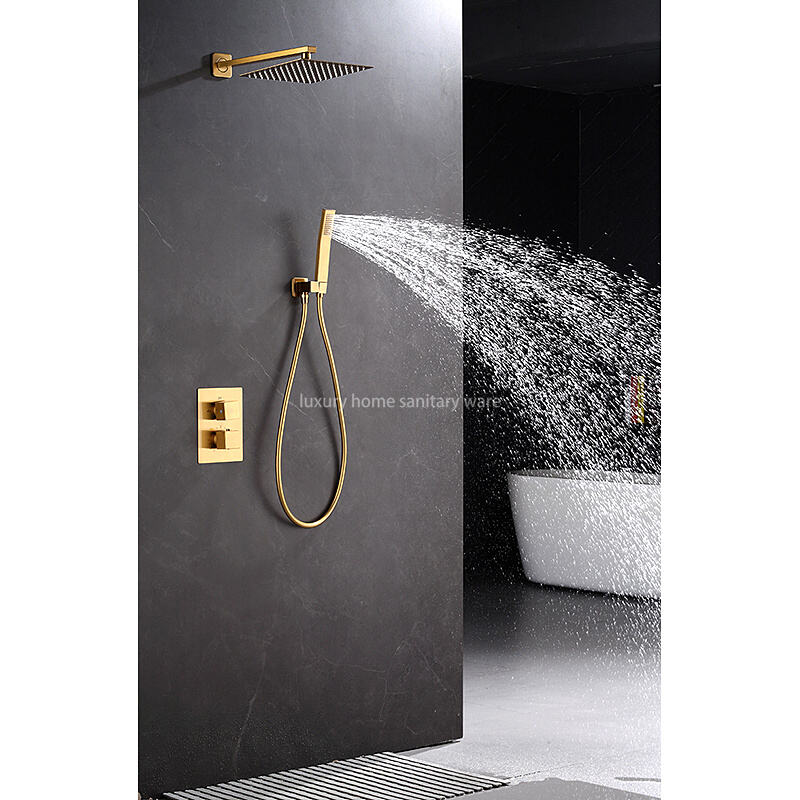 High Quality Brass Waterfall Thermostatic Shower Set Hotel Bathroom Concealed Brushed Gold Shower Faucet with Hand Shower factory