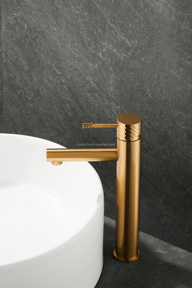 Hot-selling Basin with High Straight Mouth-carved Handle-brushed Gold Bathroom Faucet Hot and Cold Mixer factory