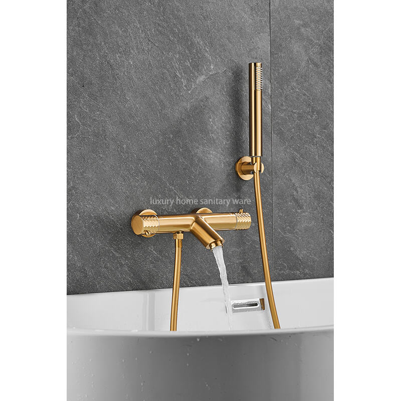 High-quality New Gold Wire Drawing Constant Temperature Shower Hot and Cold Bathtub Spout Faucet Handheld Sprayer supplier