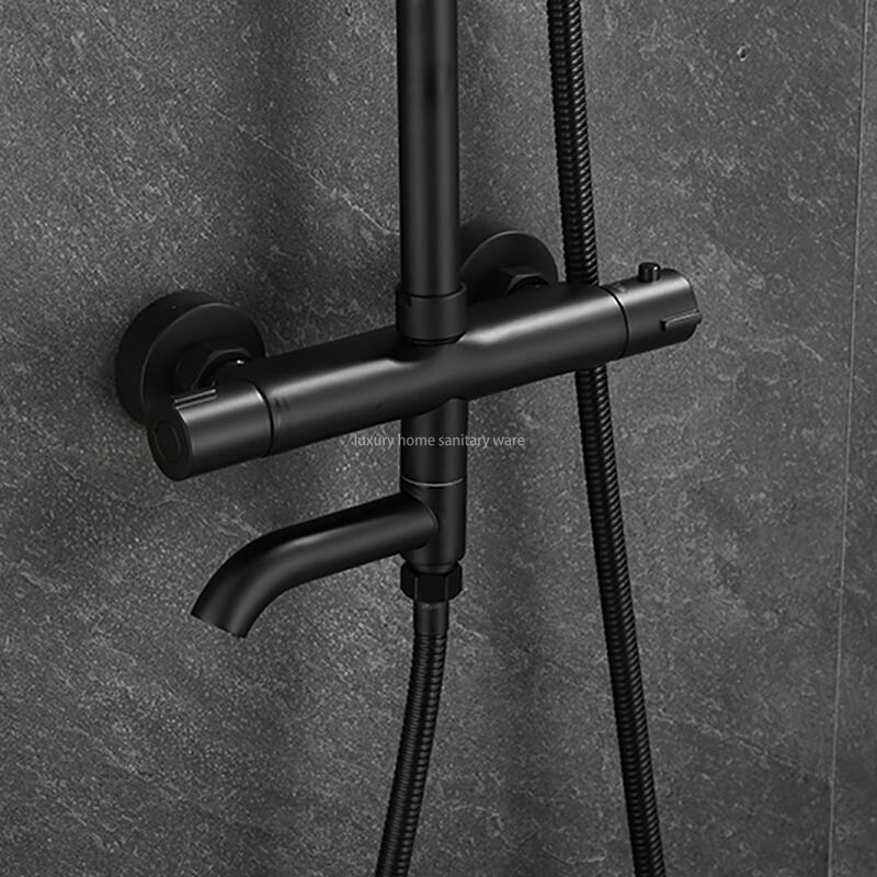 Modern Bathroom Shower Set Simple Black Round bar Constant Temperature Shower Faucet Set factory