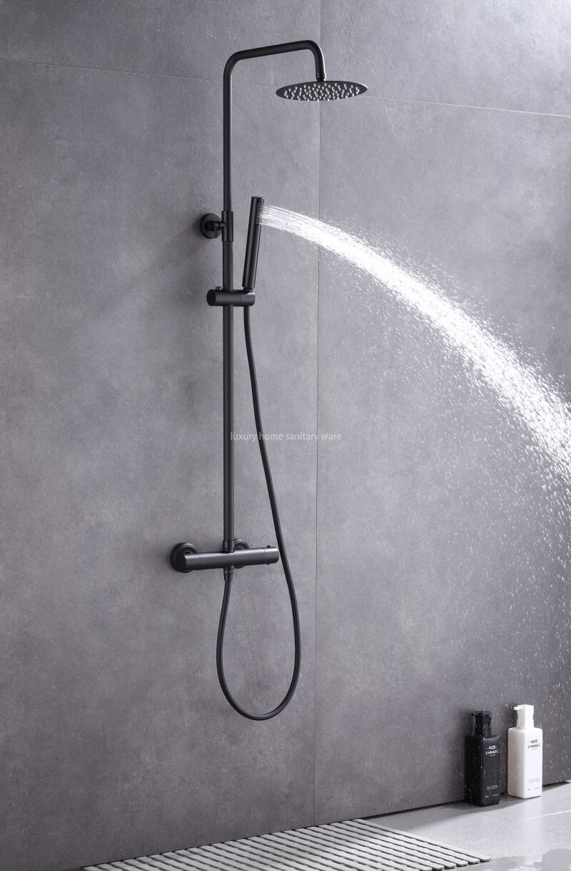 Round Overhead Rain Hand-held Riser Shower Set Black Constant Temperature Shower Mixer Set Shower System factory