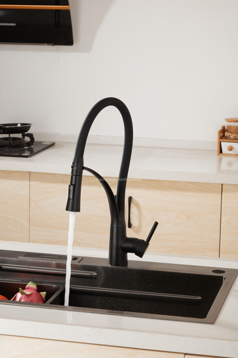 Best-selling Modern Simple Leather Tube Tee-black Kitchen Faucet Pull Mixer Sink Faucet Single Handle Deck Installation Ceramics manufacture