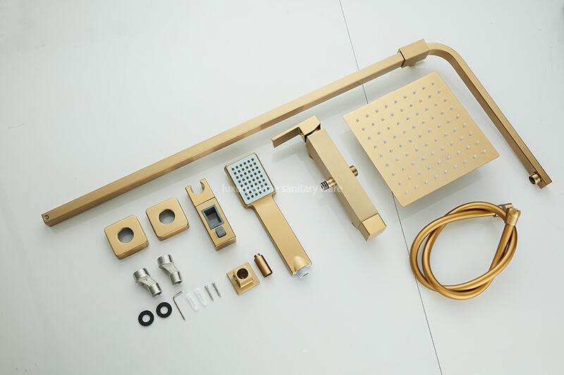 Luxurious Brushed Gold Hot and Cold Shower Set Wall-mounted Full Shower Set Multifunctional Brass square Shower Set details