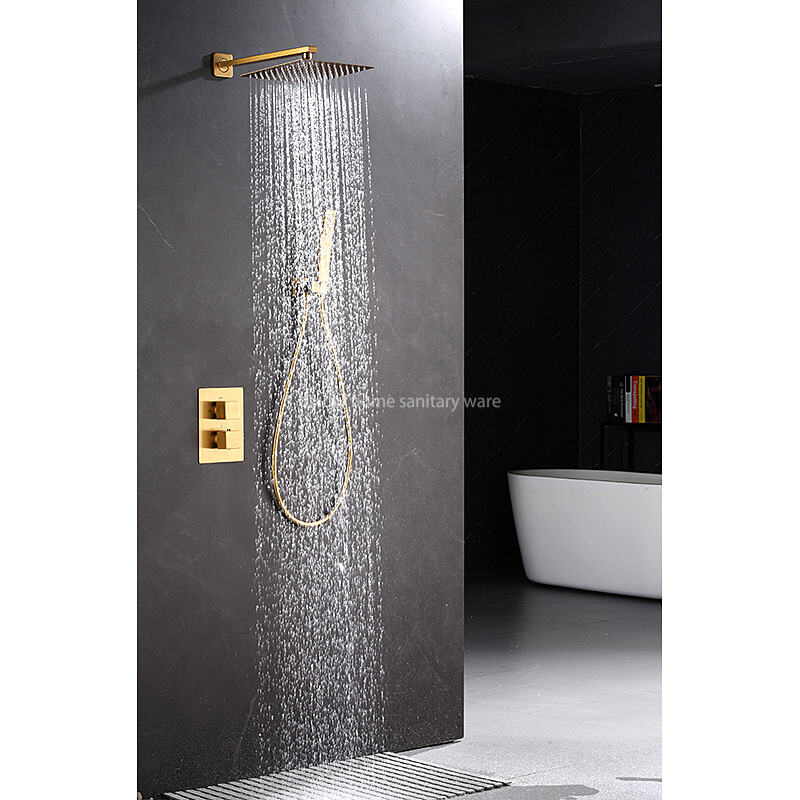 High Quality Brass Waterfall Thermostatic Shower Set Hotel Bathroom Concealed Brushed Gold Shower Faucet with Hand Shower manufacture