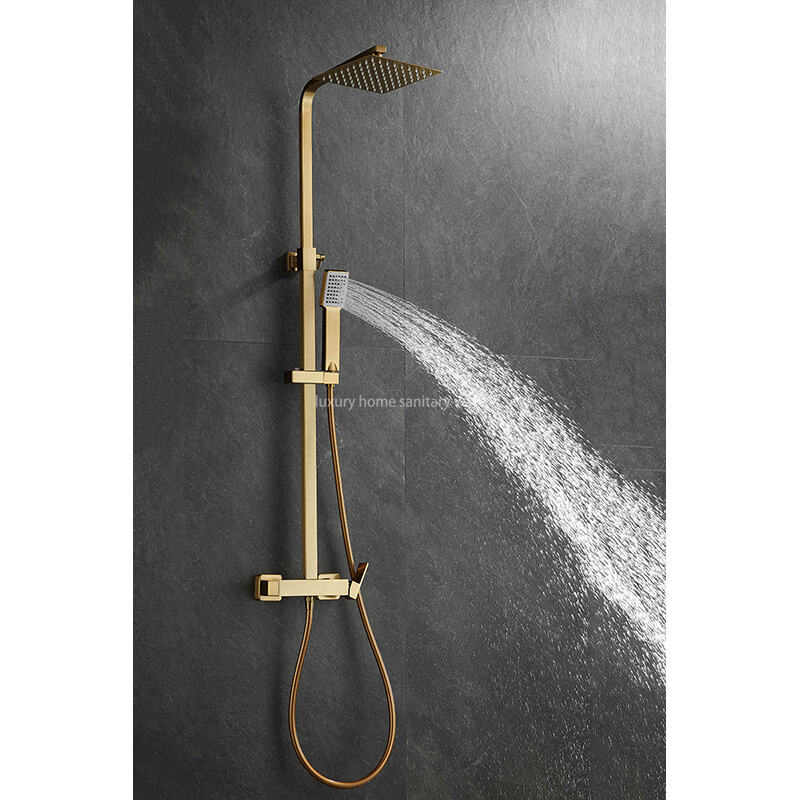 Luxurious Brushed Gold Hot and Cold Shower Set Wall-mounted Full Shower Set Multifunctional Brass square Shower Set manufacture