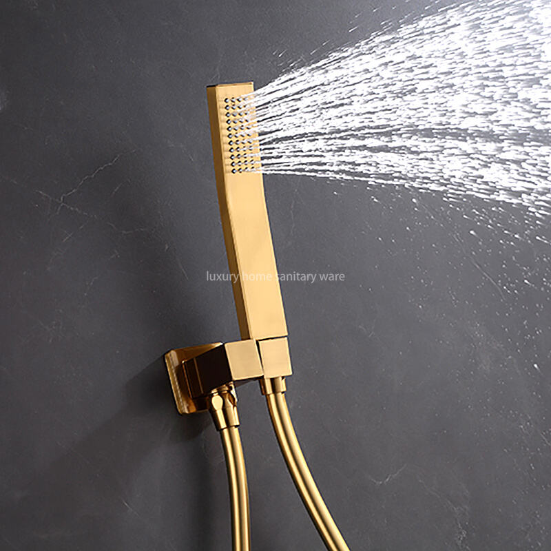 High Quality Brass Waterfall Thermostatic Shower Set Hotel Bathroom Concealed Brushed Gold Shower Faucet with Hand Shower factory