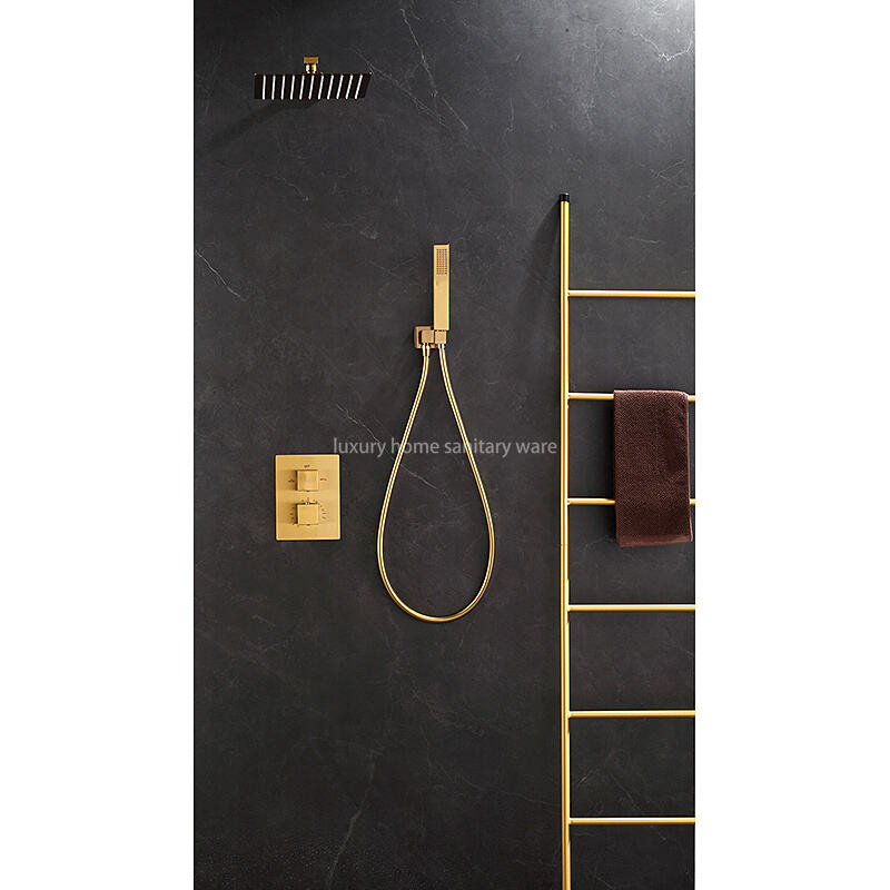 High Quality Brass Waterfall Thermostatic Shower Set Hotel Bathroom Concealed Brushed Gold Shower Faucet with Hand Shower details