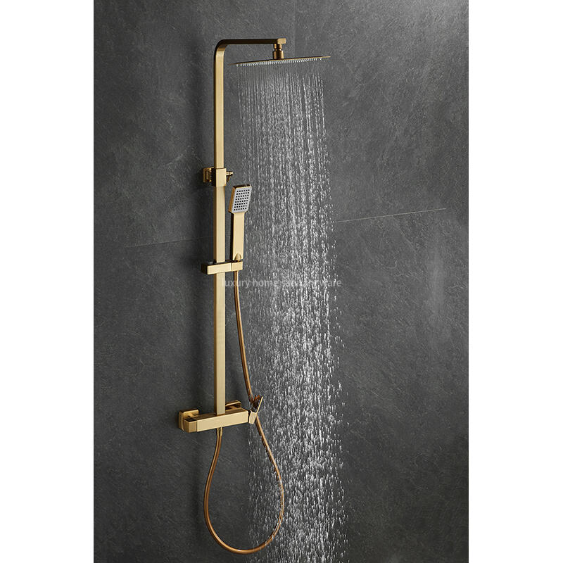 Luxurious Brushed Gold Hot and Cold Shower Set Wall-mounted Full Shower Set Multifunctional Brass square Shower Set factory