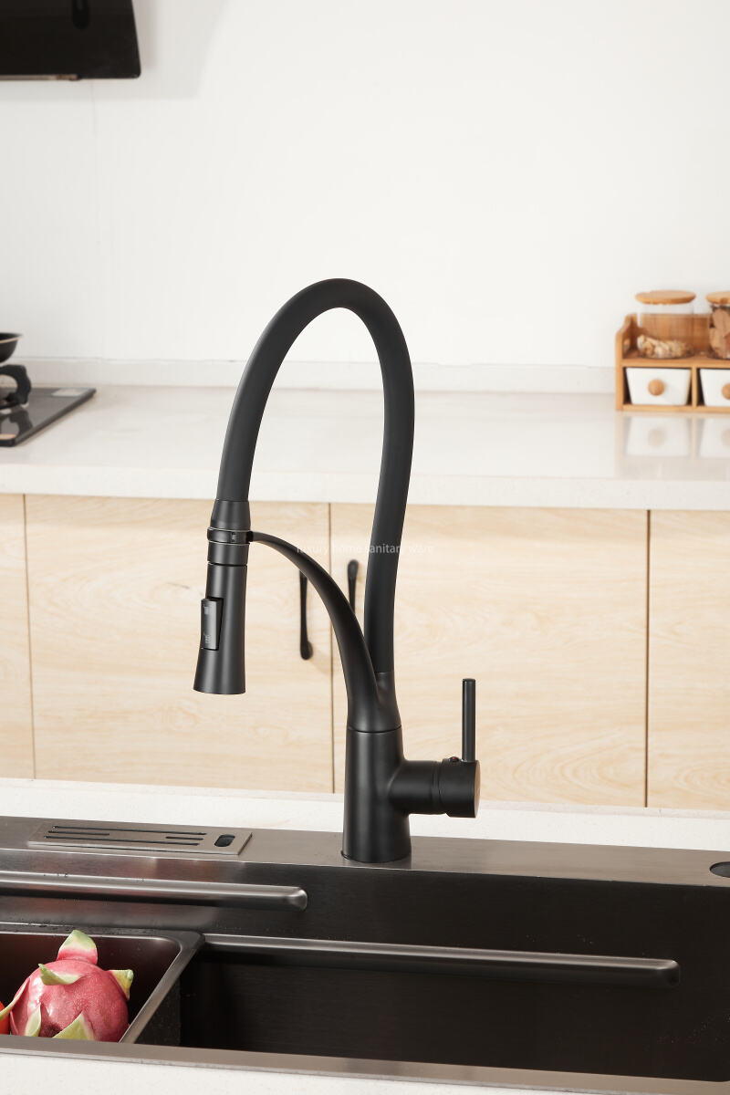 Best-selling Modern Simple Leather Tube Tee-black Kitchen Faucet Pull Mixer Sink Faucet Single Handle Deck Installation Ceramics manufacture