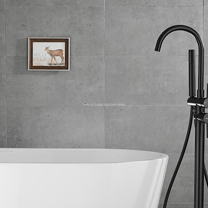 Factory Direct Simple Black Freestanding Bathtub Shower Mixer Floor Stand Bathtub Faucet Set Bathroom Faucet supplier