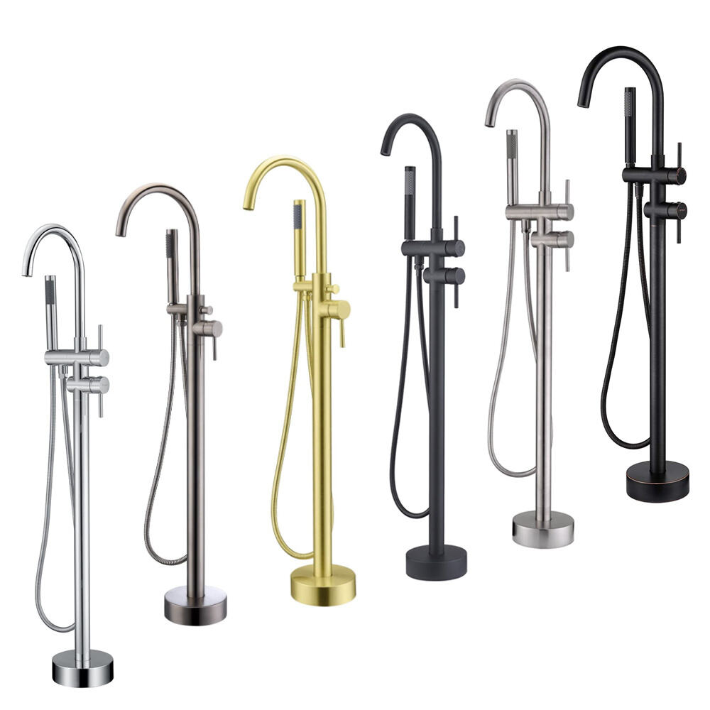 Freestanding Tub Filler Waterfall Bathtub Faucet Chrome Floor Mount Brass Single Handle with Soft Hand Shower Bath Standing Tap factory