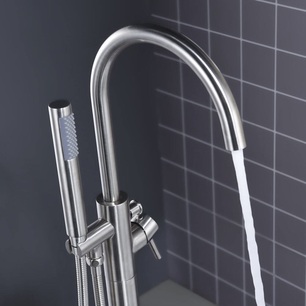 Freestanding Tub Filler Waterfall Bathtub Faucet Chrome Floor Mount Brass Single Handle with Soft Hand Shower Bath Standing Tap details